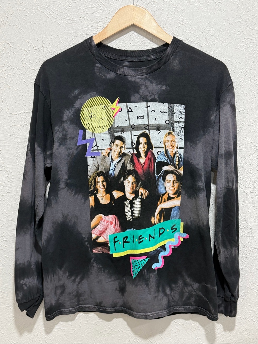 FRIENDS Black Tie-Dye Long Sleeve Graphic Tee with Neon Accents